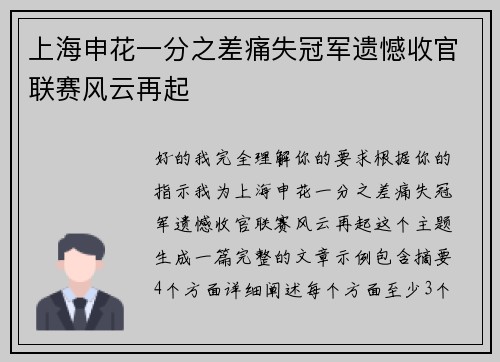 上海申花一分之差痛失冠军遗憾收官联赛风云再起